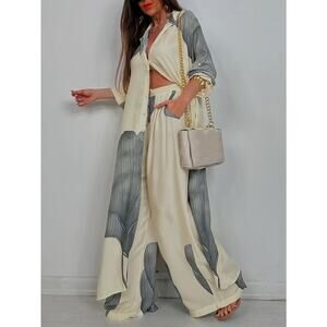 Luxury Colorblock Satin Lounge Set  Oversized Button-Down Shirt & Wide-Leg Pants